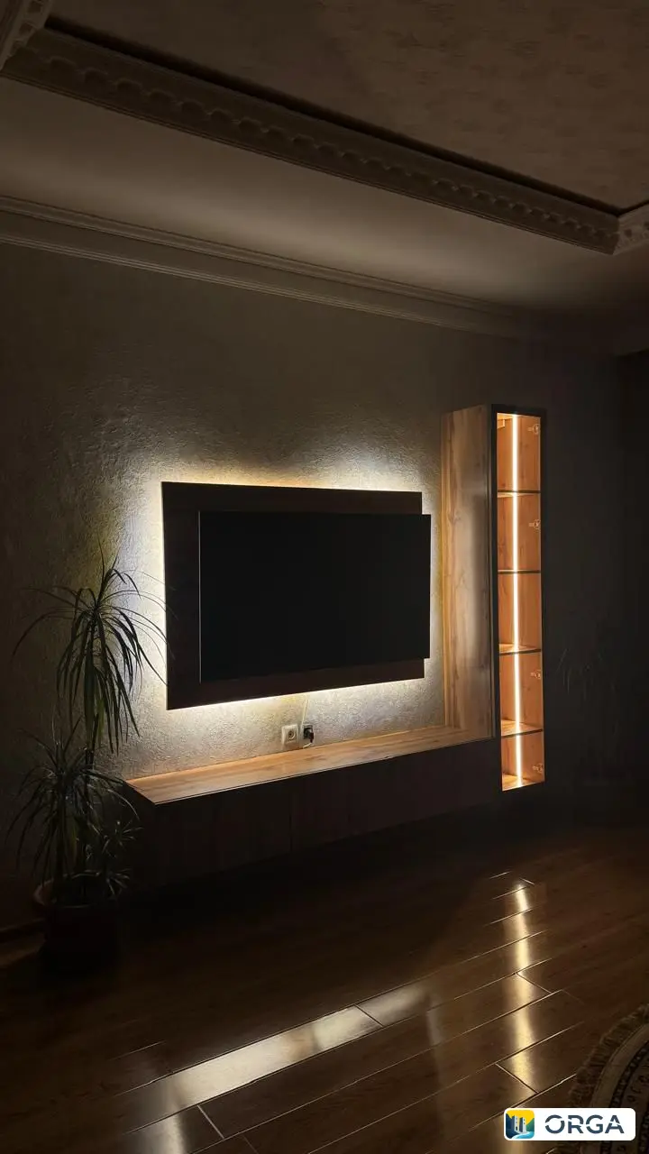 Тумба подвесная Лофт 180/36/30 с витриной, фальш панелью, фурнитурой Белуччи, корпусом EGGER, подсветкой