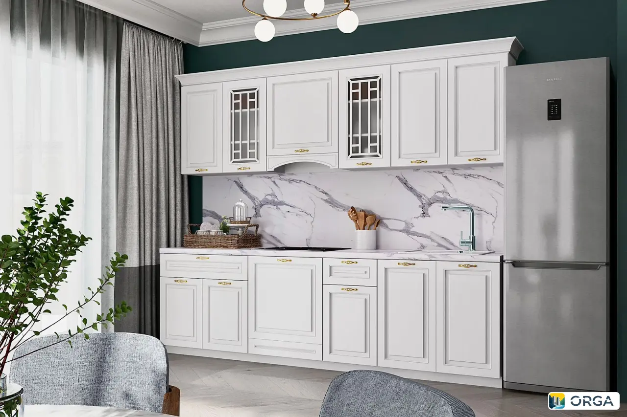 Кухня «Анна Мария» с доводчиками, ручками золото, столешницей и панелью