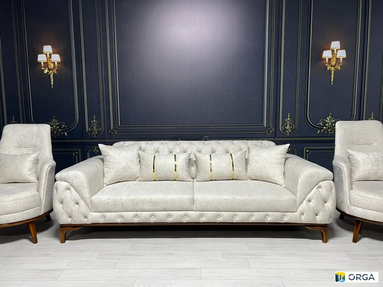 Диван Stella с двумя креслами, 6 подушками, ткань Лотос, деревянные ножки, откидная спинка