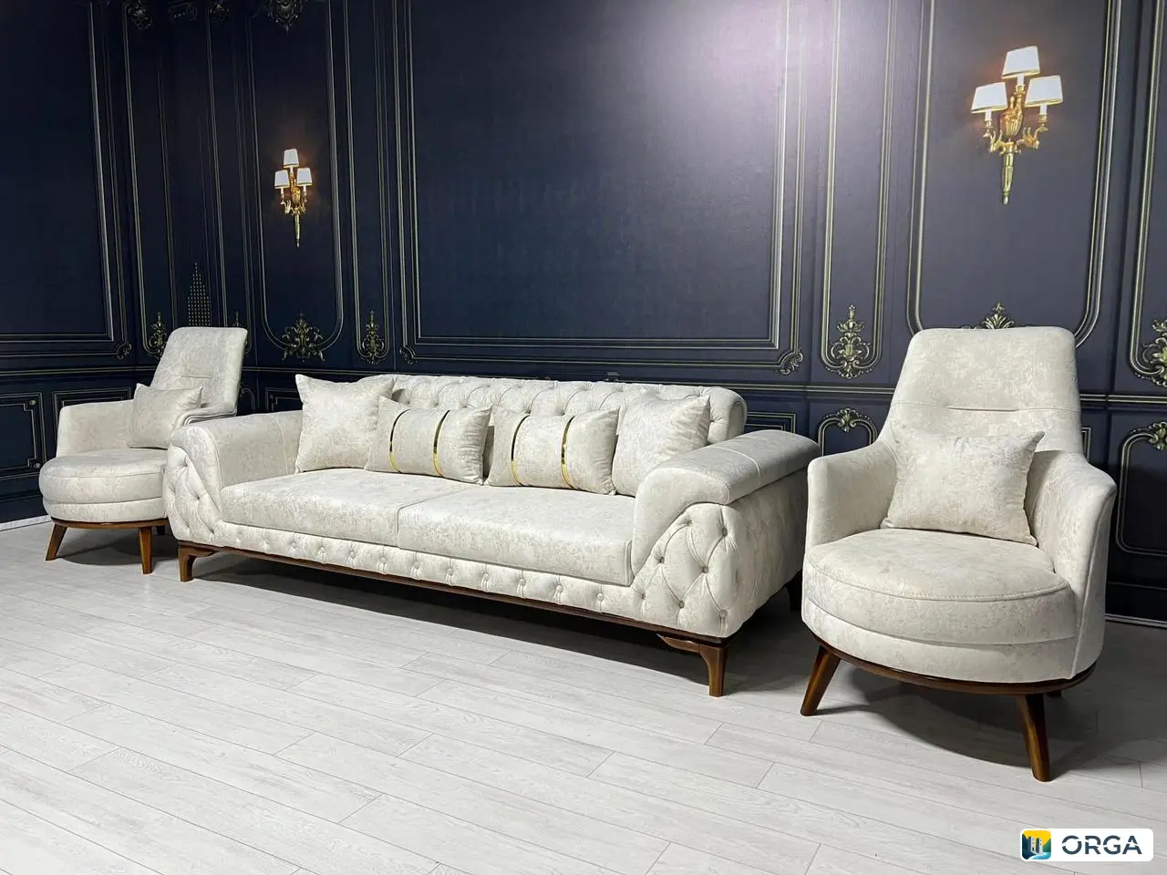 Диван Stella с двумя креслами, 6 подушками, ткань Лотос, деревянные ножки, откидная спинка