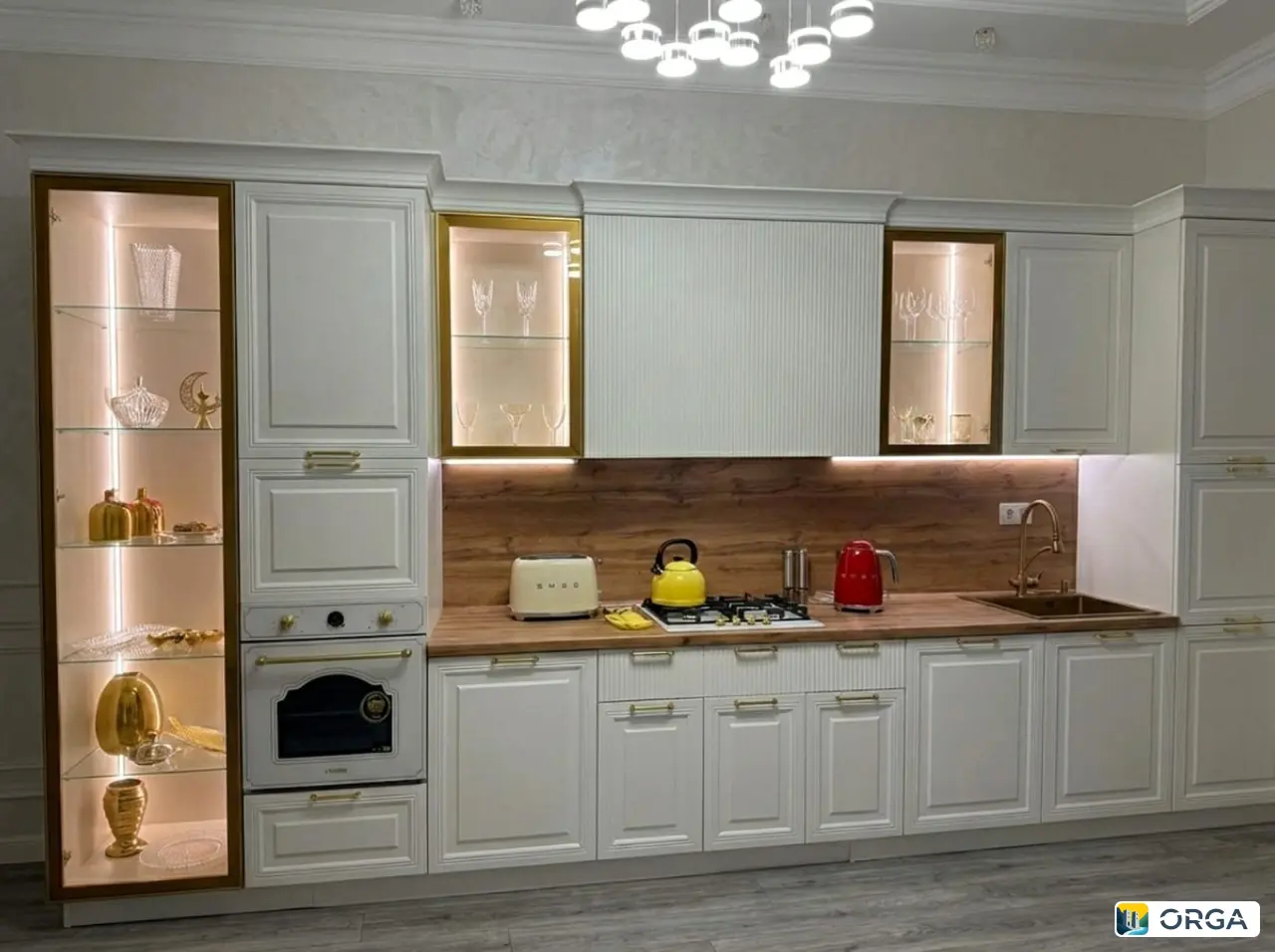 Кухонный гарнитур ВЕЙРОН-ПРЕМИУМ 480 см, белый, крашеный МДФ, ЛДСП, столешница под дерево