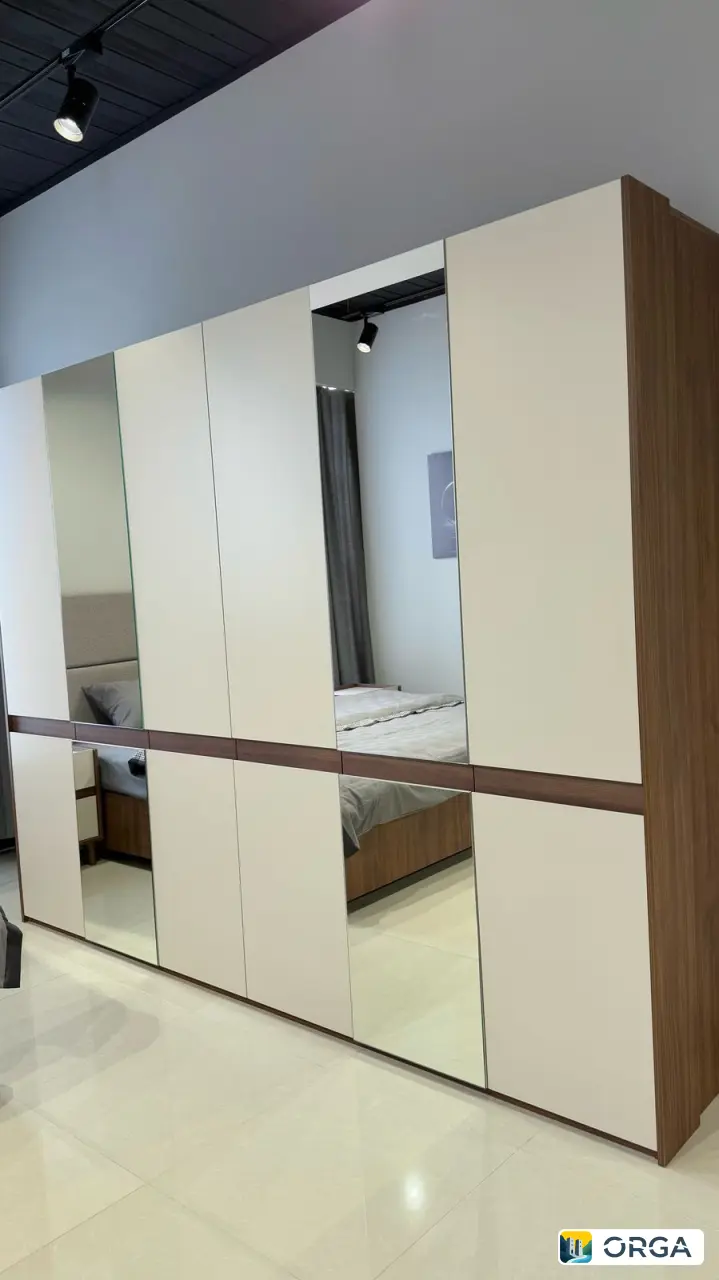 Спальня «Катрин» 6дв, гарнитур в стиле минимализм, цвет сатин, фасады с зеркальными вставками