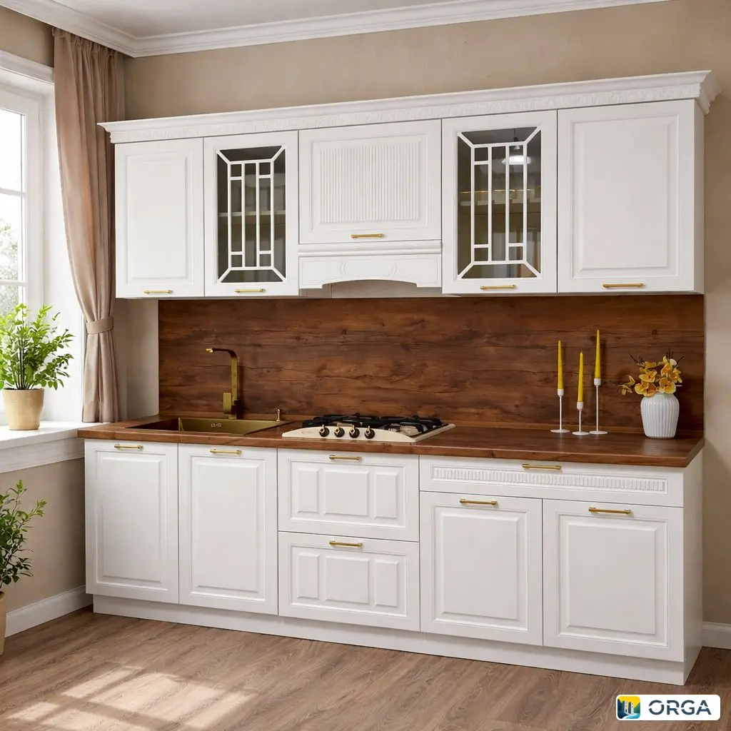 Кухня Палермо, размер 4.10 м, высота 2.40 м, столешница, доводчики, ручки золото, стекла